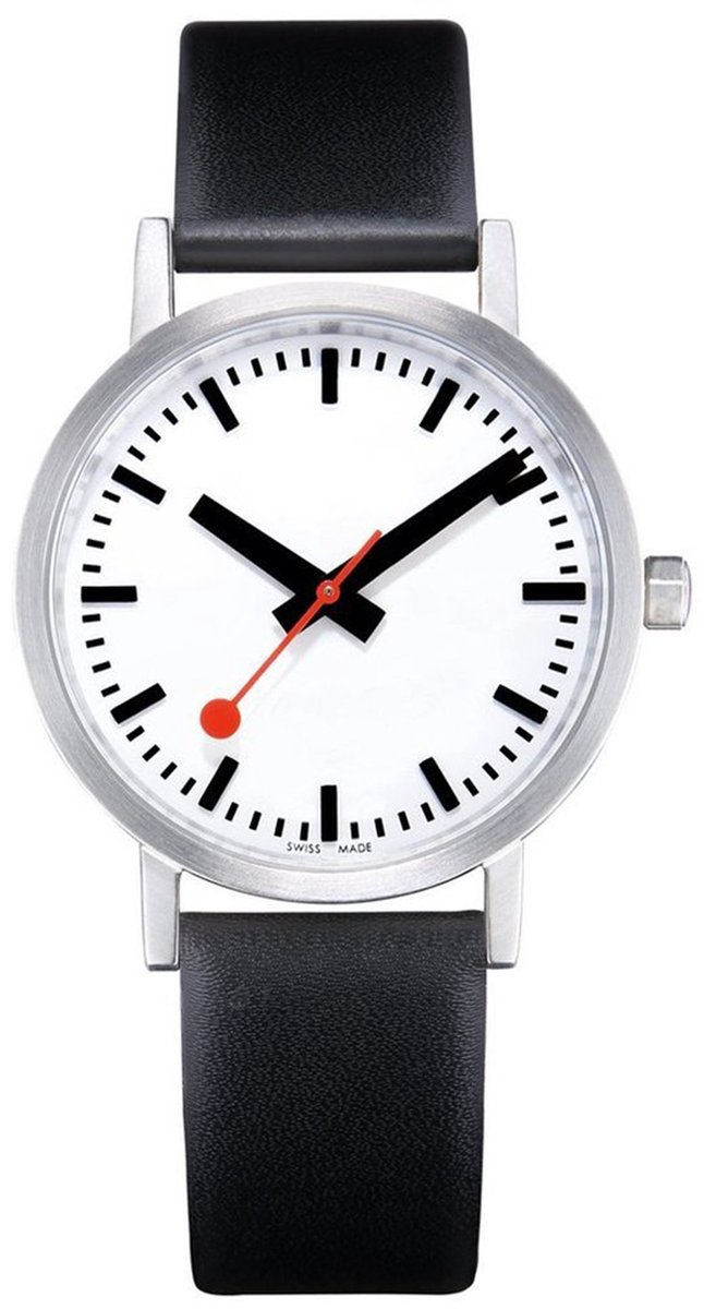 Mondaine A660.30360.16OM Classic Pure Heren Horloge - M660.30360.16OM - Stationsklok - Mineraalglas - Roestvrijstaal-Leer - Zilver-Zwart - Ø 40 mm