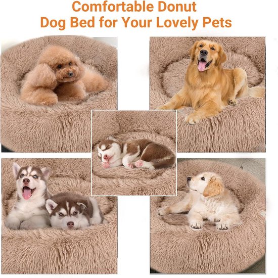 Donut Hondenbed Kalmerende Hond Kat Huisdier Bed Rond Hondenkussen Zacht Pluizig Pluche Relief Anti Angst Knuffel Hondenkussen Antislip Bodem Machine Wasbaar Huisdier Bed, 60x60x20cm, Donkergrijs