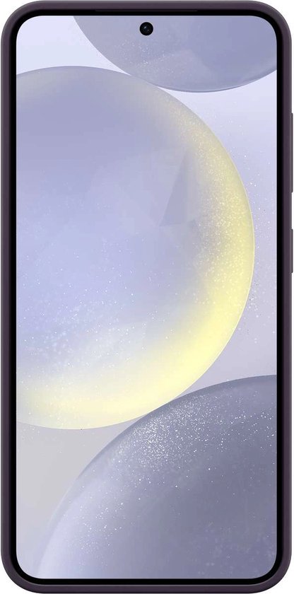 Donkerpaarse Samsung siliconen hoes om een Galaxy S24, voorkant zichtbaar.