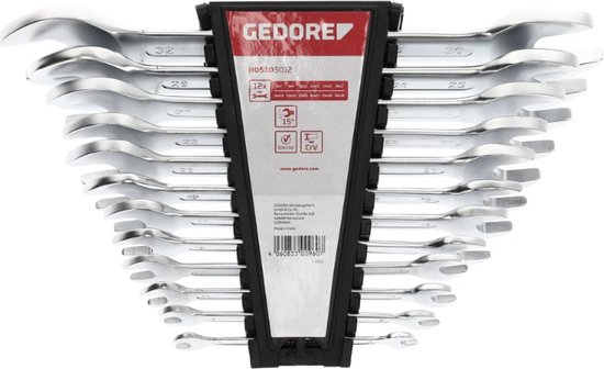 Set steeksleutels, geordend in een zwarte houder. Gedore merknaam in rood.