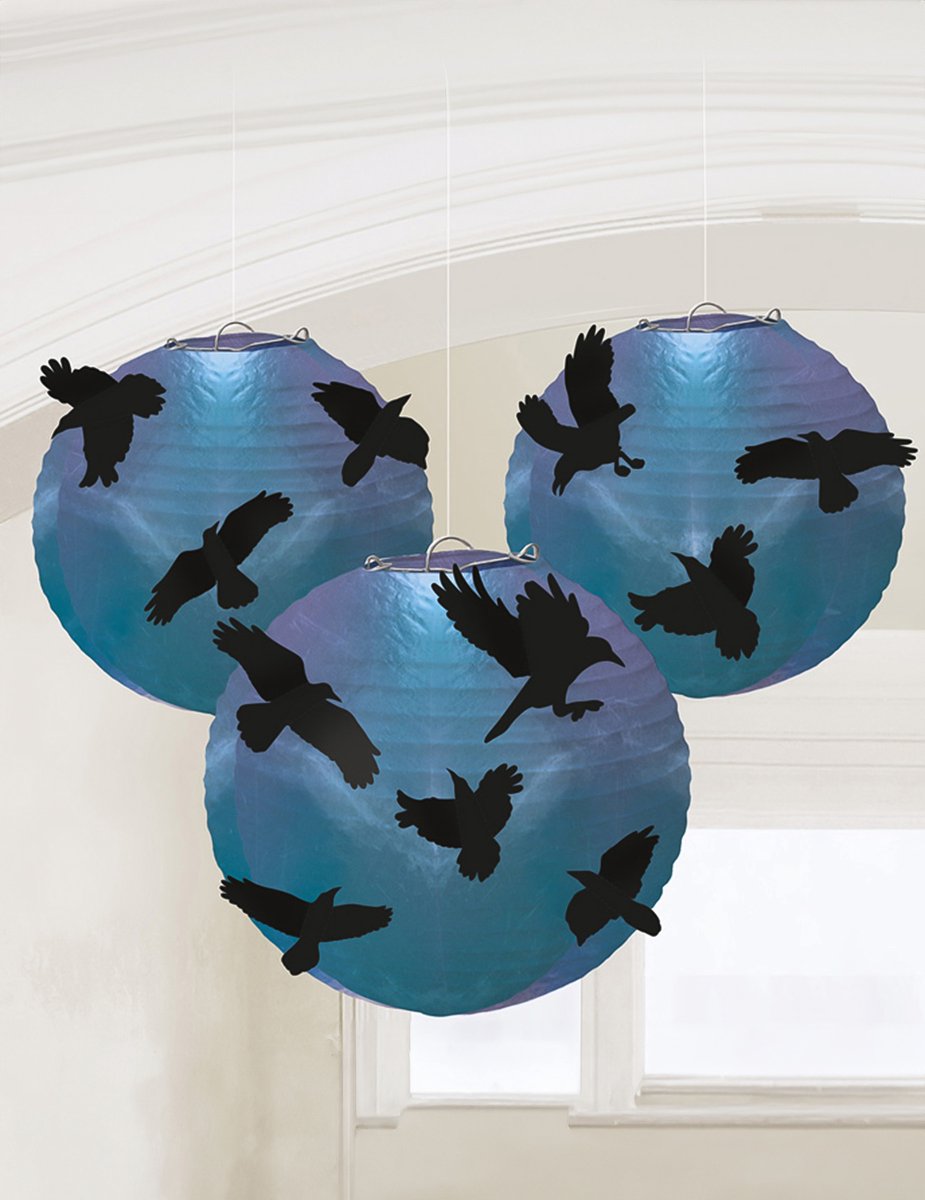 Amscan - Lampionnen Raven papier blauw/zwart 3 stuks - Lampion sint maarten - lampionnen - Sint maarten optocht - lampionnen papier