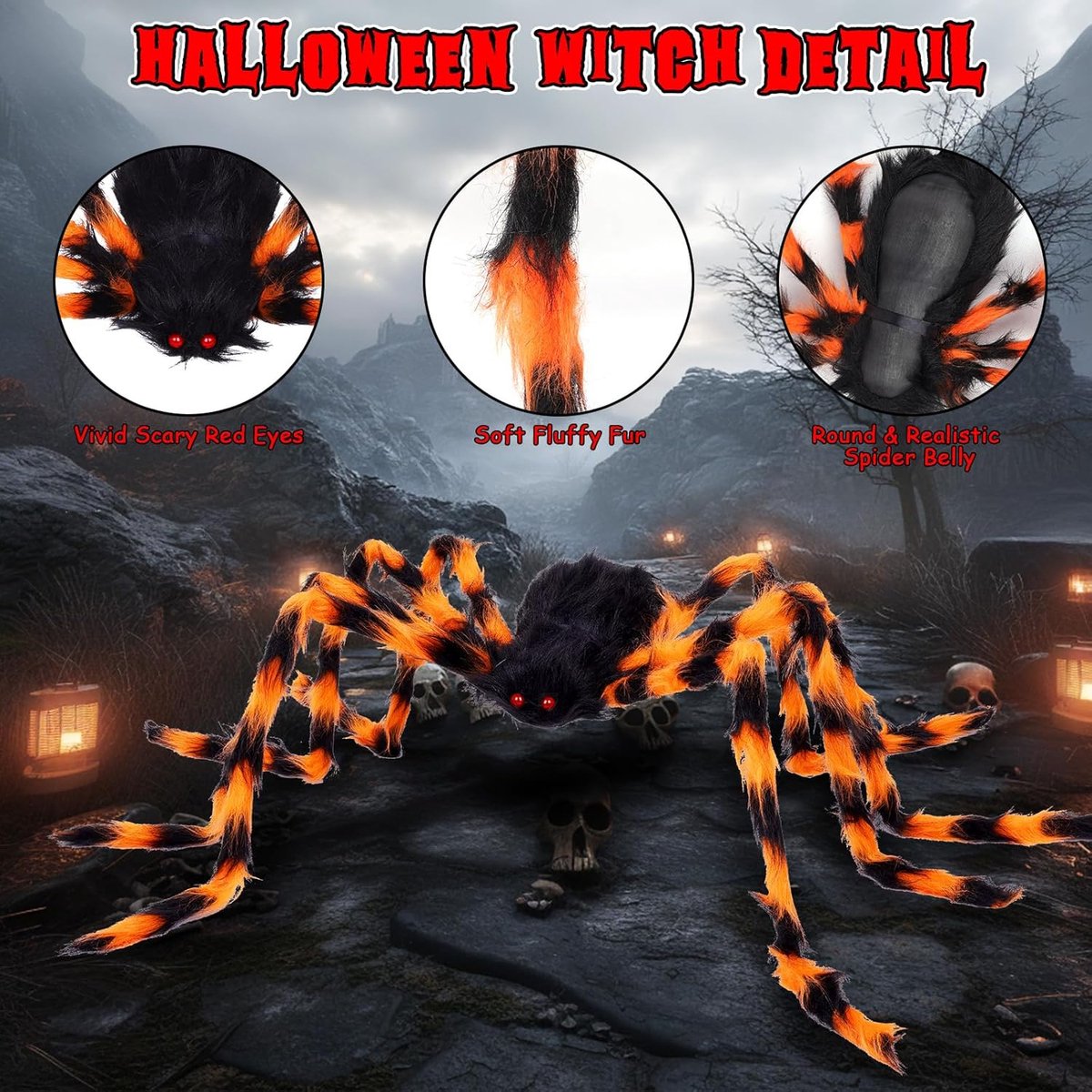 Kit Décoration Halloween - Toile D'araignée Lumineuse 5m, Araignée Géante 125cm, Coton, Pour Intérieur/extérieur
