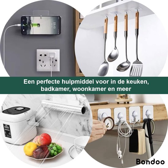 Een telefoon laadt op, keukengerei hangt, huishoudfolie is opgehangen, en diverse items zoals een koptelefoon en schaar zijn aan haken bevestigd.