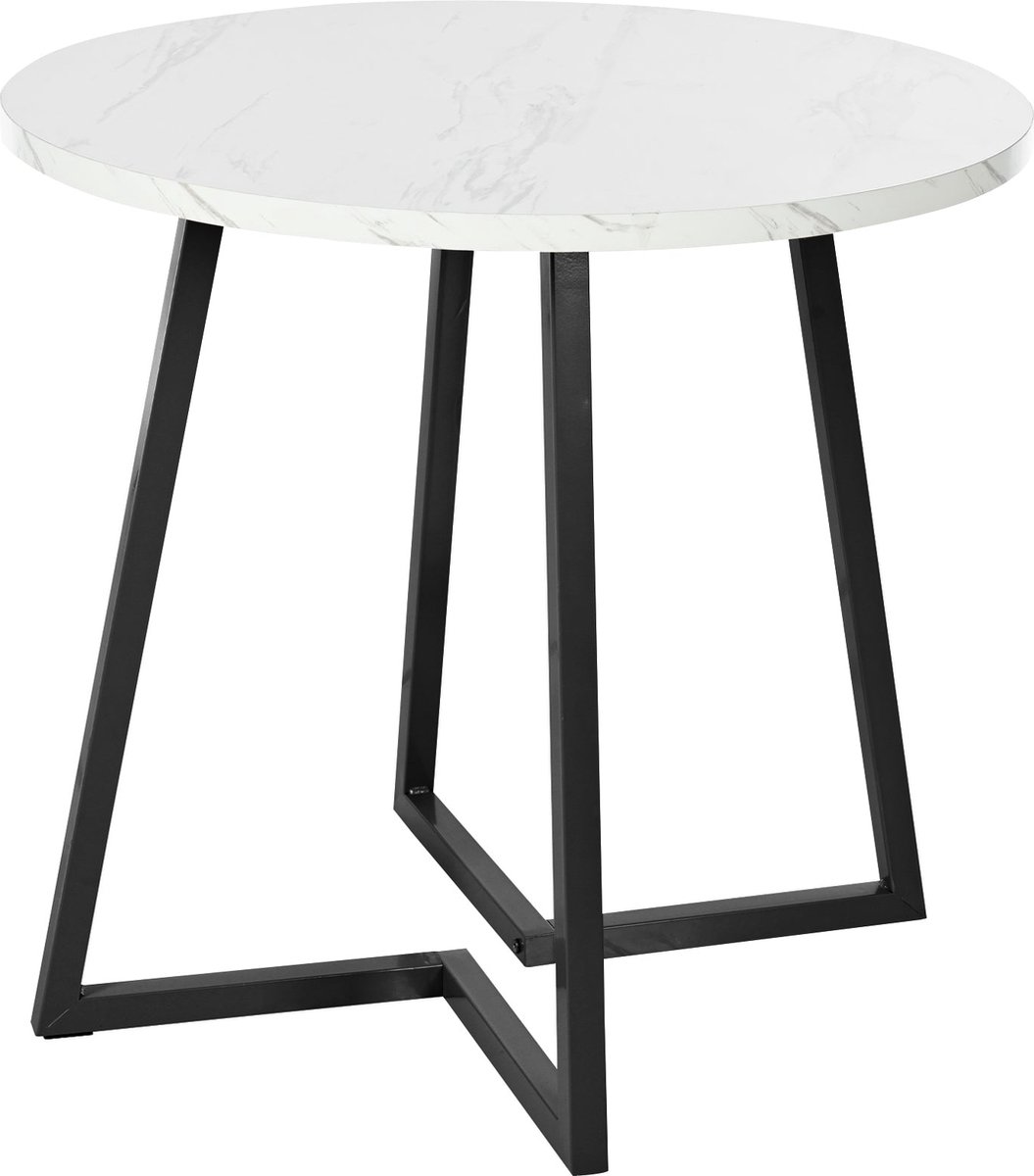 Merax Ronde Eettafel (Ø80 cm) - Moderne Eettafel met Marmerlook - Stabiel Metalen Onderstel - Geschikt voor Woonkamer en Eetkamer - Wit/Zwart