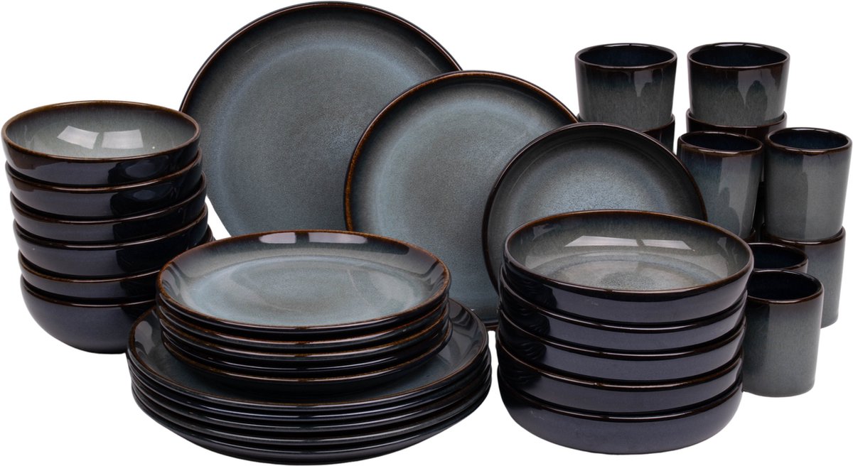 36 delige serviesset - 6 persoons - Porto - blauw met groen - normale rand - Portugees stoneware