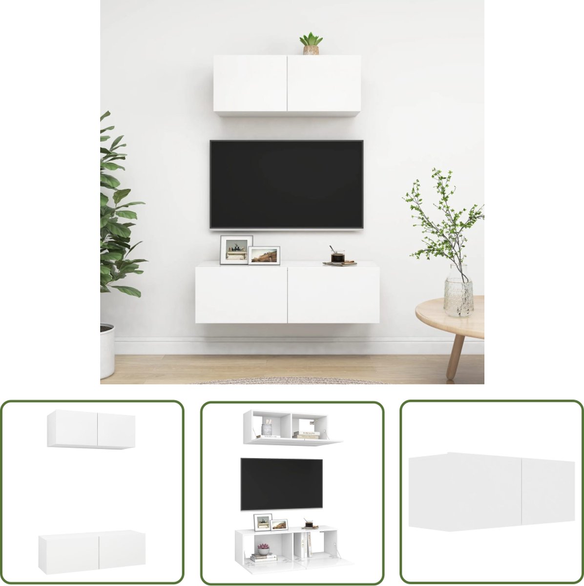 vidaXL Houten Tv Kasten - Tv Meubels Vintage - 2-delige Tv-meubelset bewerkt hout wit - Wandmontage Tv Kast - Tv Salontafel - Living Room Furniture