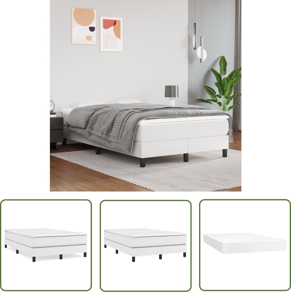 vidaXL Kunstleder Bed - Boxspringbed - Boxspring met matras kunstleer wit 120x200 cm - Pocketveer Matras - Middenhard Matras - Witte Bed