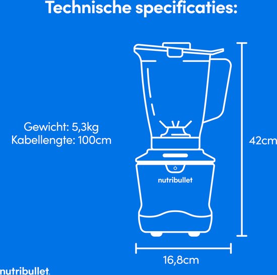 Technische tekening van de Nutribullet blender met afmetingen.