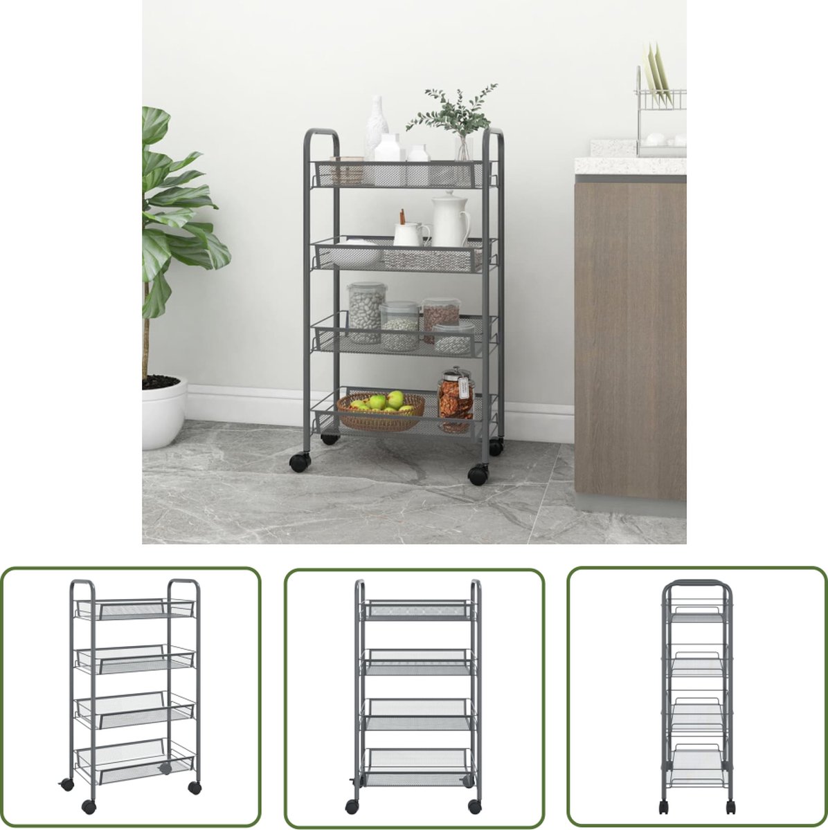The Living Store Huishoudelijke trolley - Grijs - 46 x 26 x 85 cm - Sterke uitneembare gaasmanden