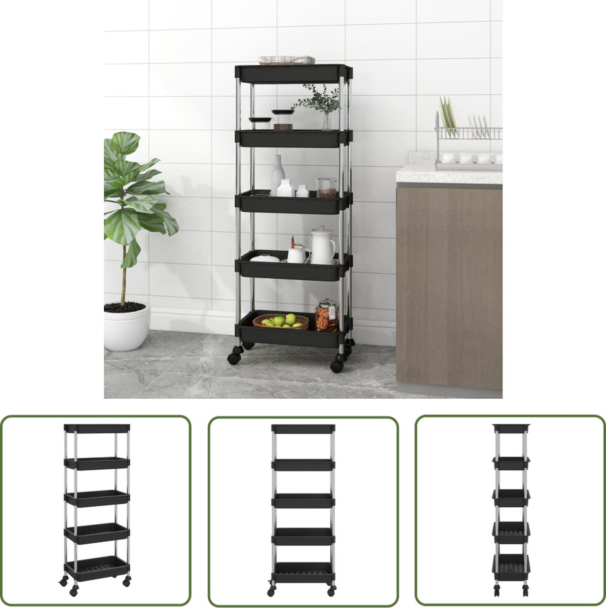 The Living Store Trolley Opbergwagen - 42 x 29 x 128 cm - Zwart - Sterke ABS-Kunststof