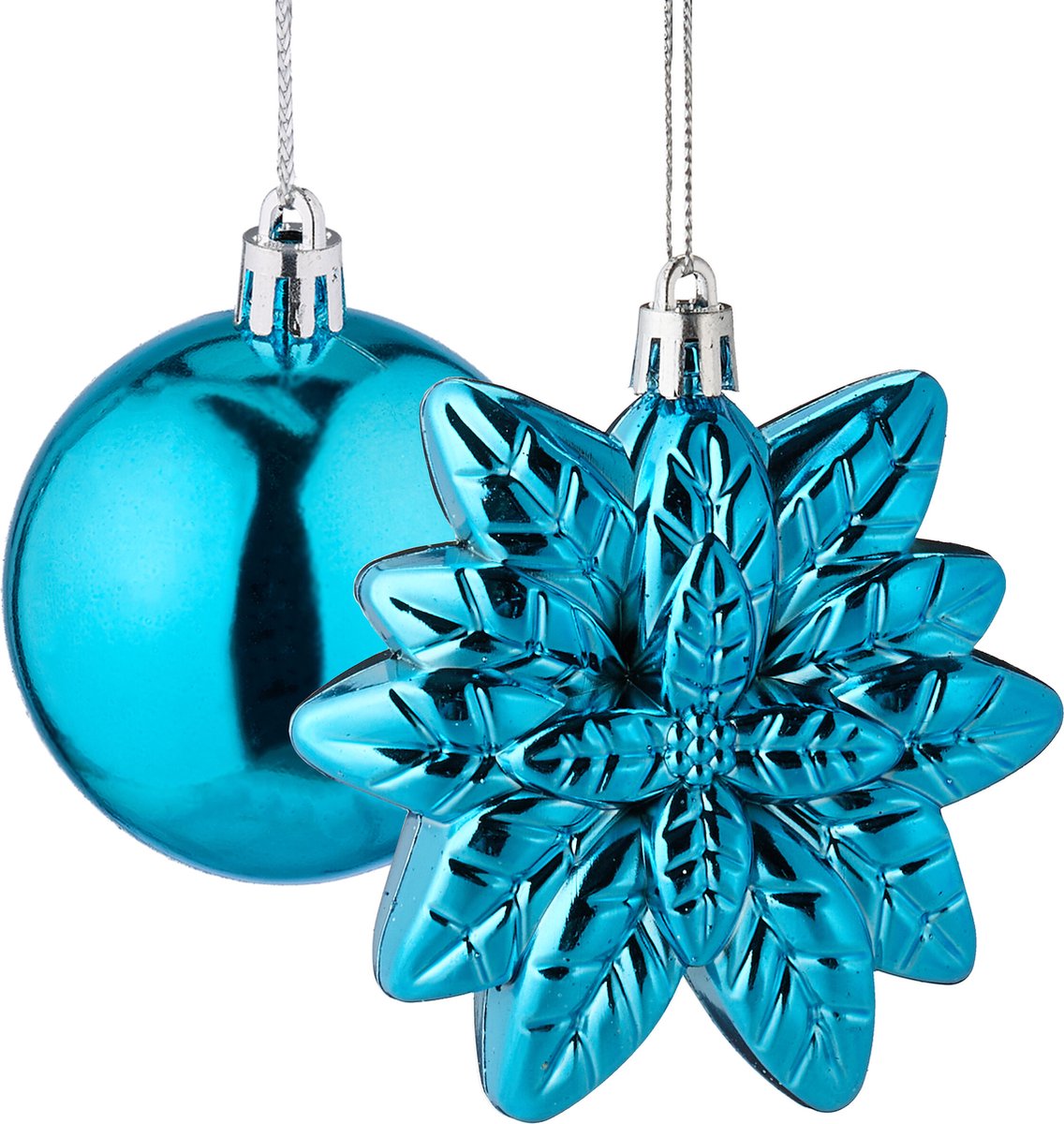Kerstballen set van 100 - plastic - mat - glanzend - glitters - 10 designs - turquoise – foto 4