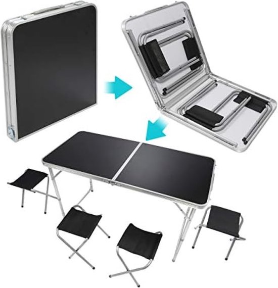 Multifunctionele Opklapbare Campingtafel – Hoogteverstelbaar 55-69cm, Met 4 Stoelen, Aluminium, Draagvermogen 30kg (Zwart) 4 miniatura