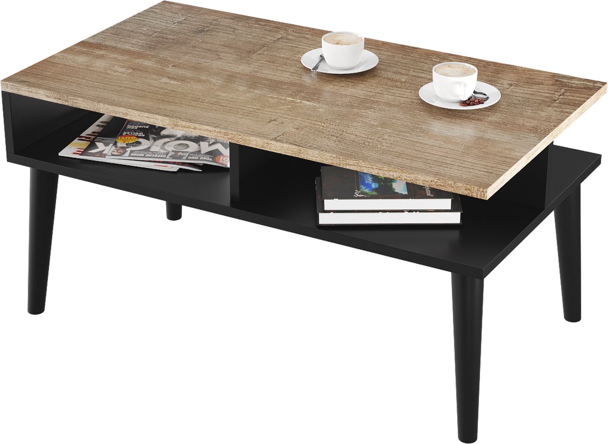 BOGATECO Salontafel met 2 Opbergplanken - 90 x 50 x 45 cm - Sofatafel met Houten Poten - Moderne Woonkamertafel - Stabiele Constructie