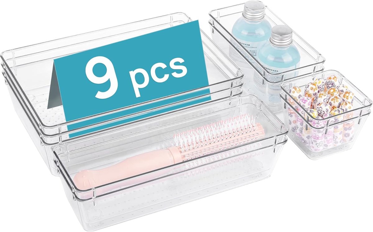 9-delige Lade-organizer Set – 4 Formaten – Multifunctionele Opbergbakken voor Make-up, Keuken, Badkamer & Kantoor