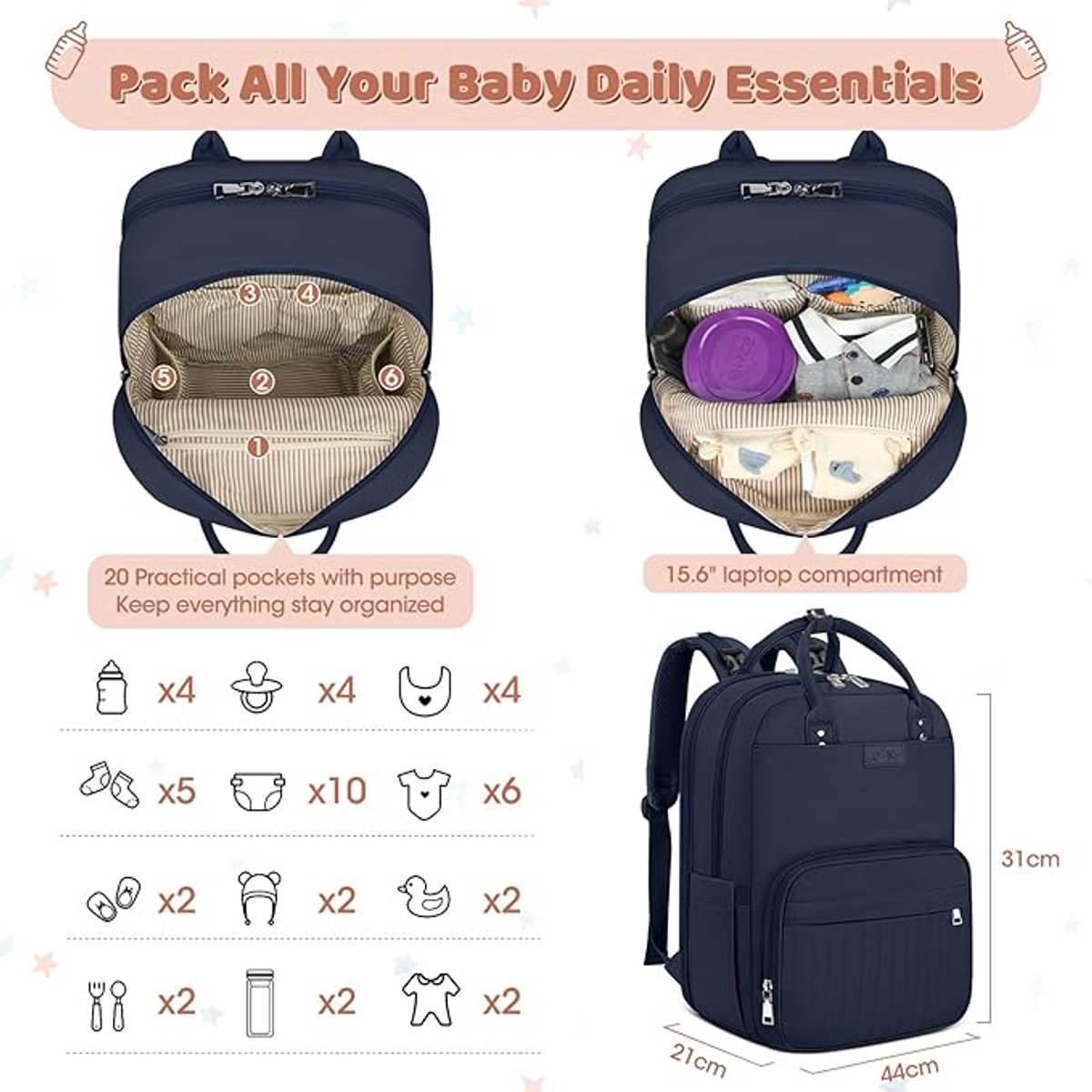 Famanu - Luierrugzak voor baby's, grote luiertas, babytas, rugzak met kinderwagenriemen en luieronderlegger, voor onderweg, blauw – foto 7