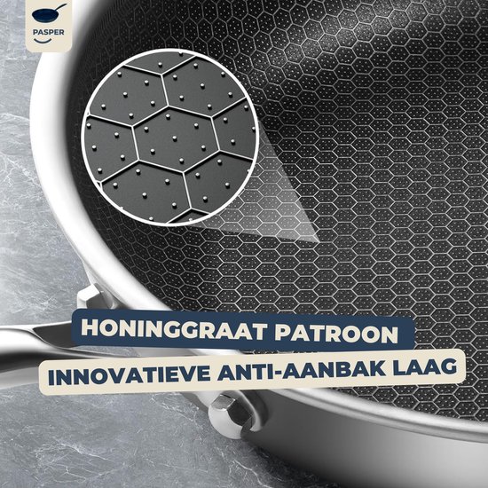 Close-up van de RVS koekenpan met honingraatpatroon en anti-aanbaklaag.