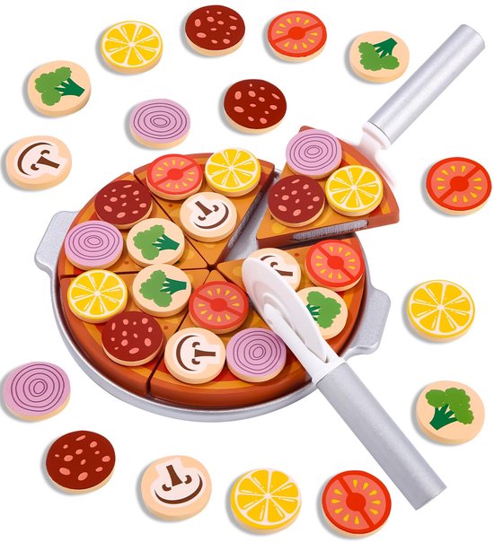Houten pizzaset, kinderkeukenaccessoires, houten pizza voor kinderen, speelgoedvoedsel voor winkelaccessoires, hout met snijplank, pizzasnijder, educatief speelgoed, cadeau