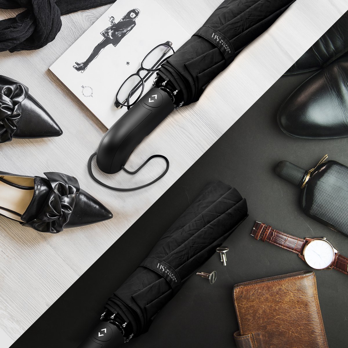 Wilford & Sons Stormparaplu Opvouwbaar Zak Paraplu Stormproof + Knop Automatisch & Beschermhoes | Heren Dames - Compact Stevig, Teflon Wind & Waterdicht Handvat Polsstrap| Reisparaplu Zakparaplu Golf, Zwart - Dubble Dak — cadeau in Cadeau-ideeën - foto 6