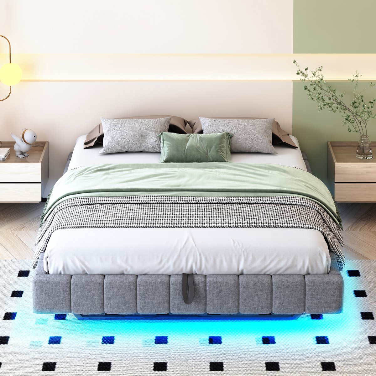 Pugsdrly Gestoffeerd bed 160x200 cm, hydraulisch verend lattenbodem met opbergruimte, multifunctioneel gestoffeerd bed zonder hoofdeinde met led-verlichting, grijs linnen