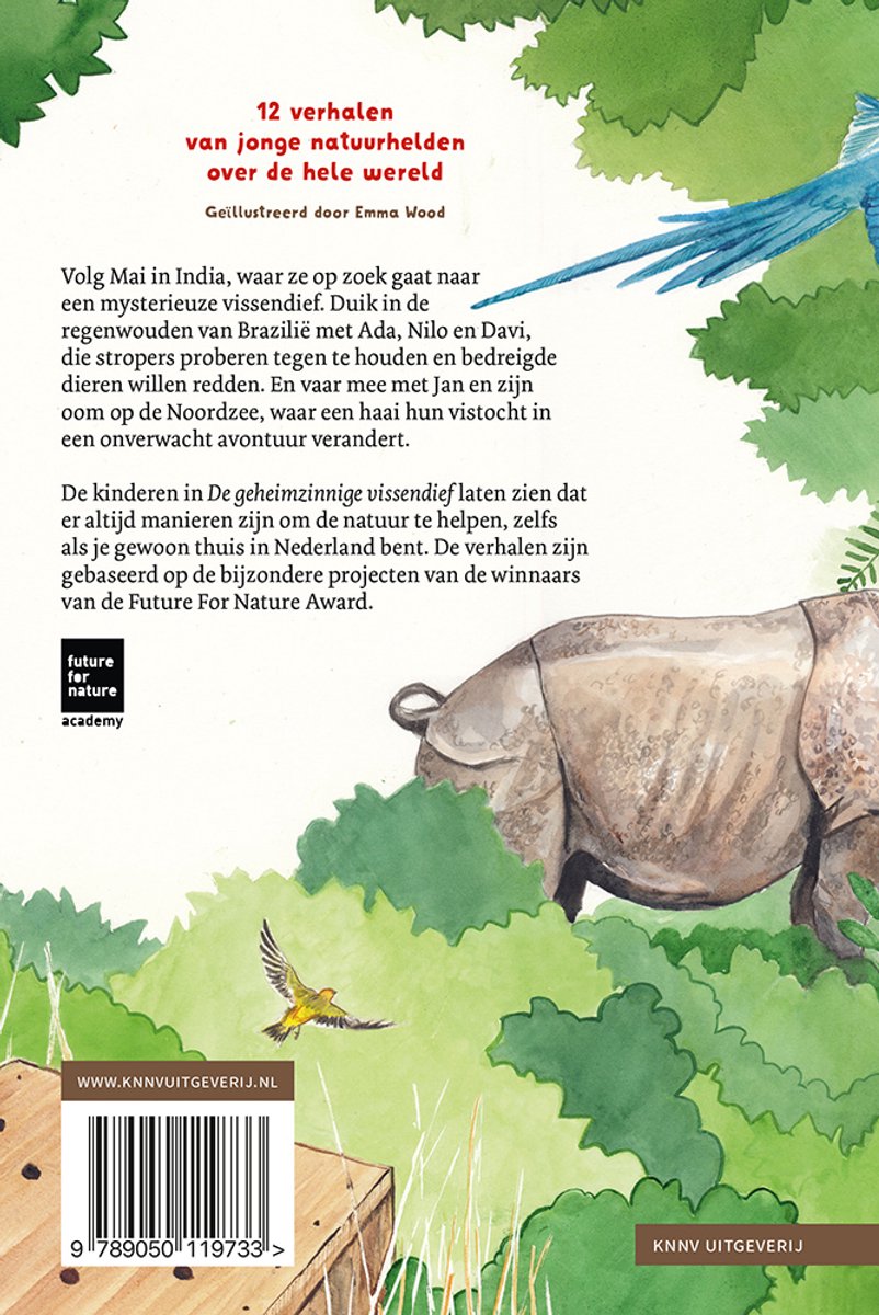 Boekomslag met de titel '12 verhalen van jonge natuurhelden over de hele wereld'. Een neushoorn, een vogel en groene bladeren.