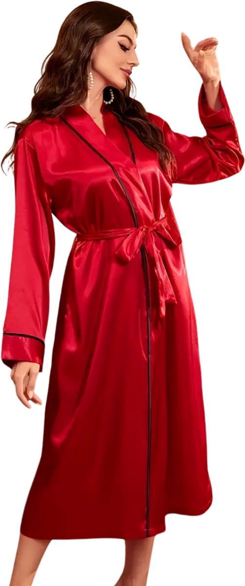 Livano Satijnen Badjas Dames - Kimono - Kamerjas - Satijn - Ochtendjas - Pyjama - Rood - M