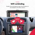 Multimedia systeem met WiFi-verbinding, shows menu's van Apple CarPlay en Android Auto met apps, en een kaartnavigatie. Met tekst "Wifi verbinding".