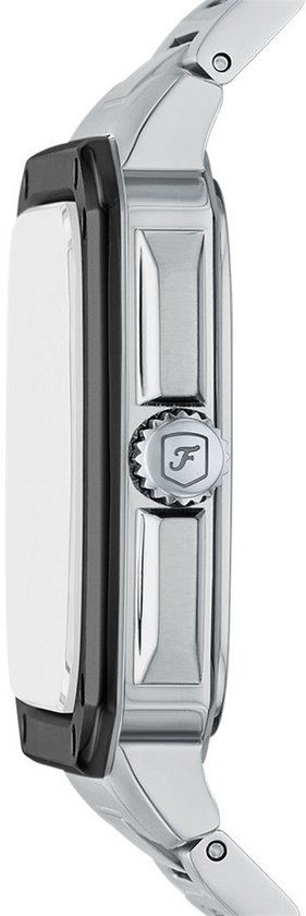 Zijprofiel van een zilverkleurig herenhorloge met zwarte rand en een F-logo op de kroon.