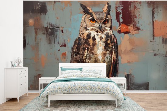 Behang - Fotobehang Geschilderd - Abstract - Uil - Bruin - Breedte 350 cm x hoogte 260 cm