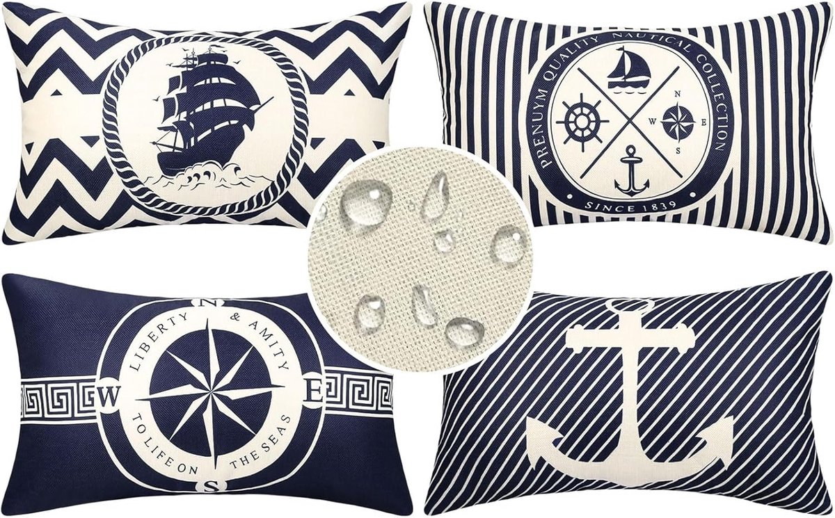 Ibenzoa Waterdichte Kussenset van Vier met Maritiem Streepmotief - Outdoor Bescherming zwart