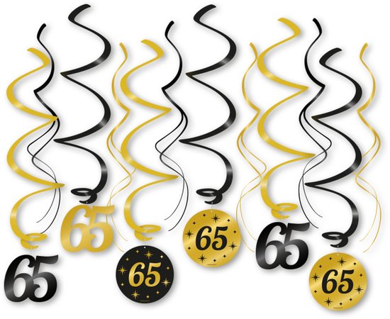 Hangende swirls in zwart en goud, met ronde schijven en cijfers '65'.