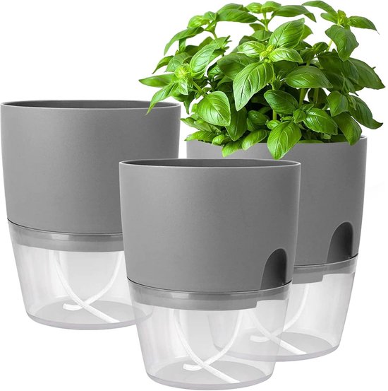 Pot à herbes Famanu, ensemble de cuisine, rebord de fenêtre, auto-arrosant, lot de 3, jardin d'herbes aromatiques pour la cuisine, 18,2 x 11 x 15,3 cm, pour herbes fraîches, gris