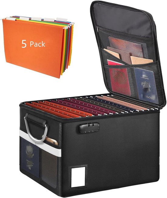 Hodufy Grote vuurvaste geldcassette, waterdichte en vuurvaste documentenbox met cijferslot en reflecterende strepen, opvouwbaar, vuurvaste opbergdoos voor organize documenten, tas/hangmappen