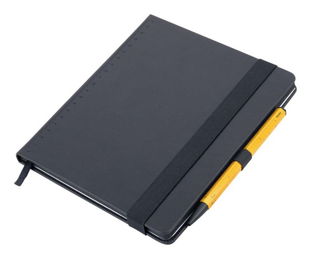 Troika Notitieblok "BLACK SLIMPAD A5" Notitieblok DIN A5 inclusief balpen, 64 geperforeerde bladen (128 pagina's), met zwart gekleurde pagina-einden, puntjesraster, vak voor bonnetjes, balpen CONSTRUCTION BASIC, kunstleer / metaal, mat, zwart