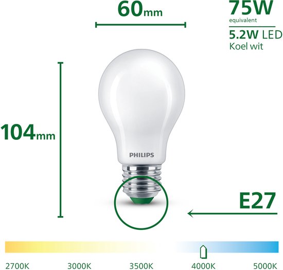 Philips UltraEfficient LED lamp, mat wit, 75W equivalent, E27 fitting, koel wit (4000K), 104mm hoog, 60mm breed.