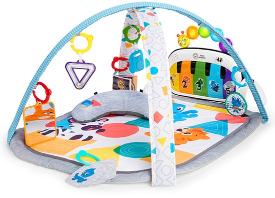 Babygym met een felgekleurde speelmat met dieren en patronen. Inclusief pianotoetsenbord, rammelaars en een spiegel.