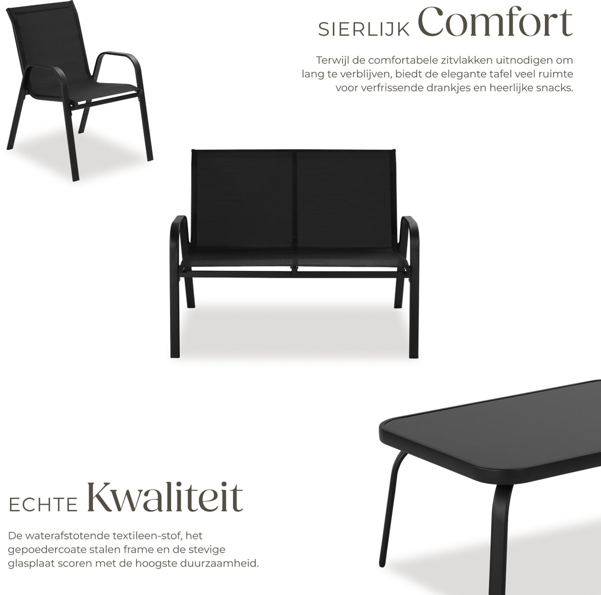 tectake® Tuinset Nora - Moderne Zitgroep voor 4 Personen - Loungeset met Tuinbank en 2 Tuinstoelen van Ademend, Waterafstotend Textileen-Weefsel - Balkonset Met Bijzettafel - Zwart – foto 2