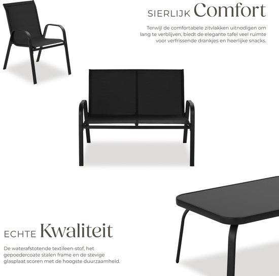 Salon de jardin tectake® Nora - Salon de jardin moderne pour 4 personnes - Salon de jardin avec banc et 2 Chaises de jardin en tissu textilène respirant et déperlant - Salon de balcon avec table d'appoint - Zwart