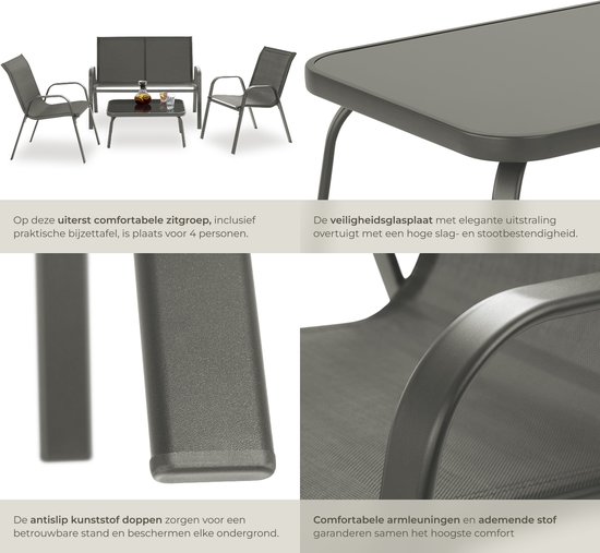 Salon de jardin tectake® Nora - Salon de jardin moderne pour 4 personnes - Salon de jardin avec banc et 2 Chaises de jardin en tissu textile respirant et déperlant - Salon de balcon avec table d'appoint - Salon de jardin de Luxe - Anthracite