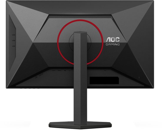 Achterkant van een zwarte AOC gaming monitor met een rode cirkel rond de nek van de standaard.
