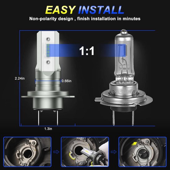 H7 LED-koplamp naast een halogeenlamp, met afmetingen en installatie-instructies.