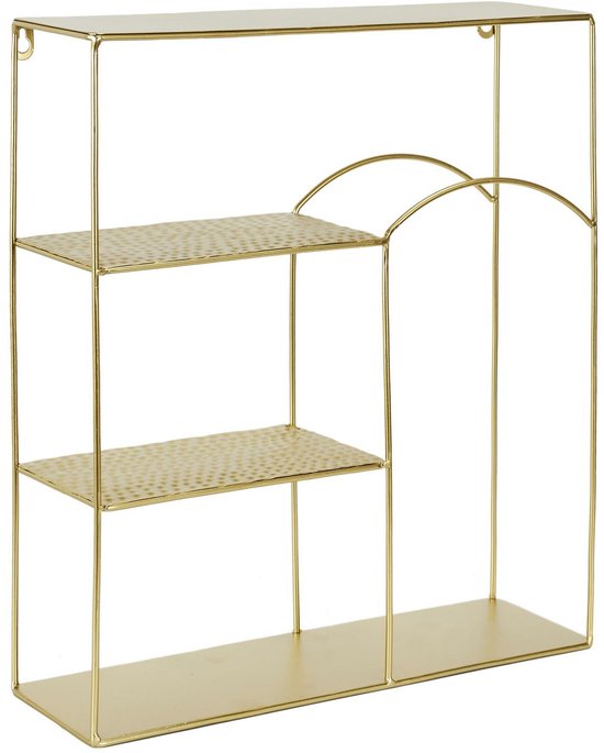 Gouden metalen wandrek met drie schappen en een decoratieve boog.