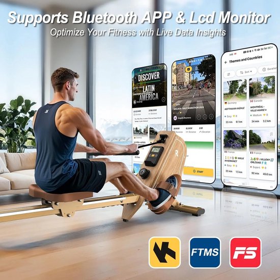 Luxe Magnetische Roeimachine voor Thuis – 16 Weerstandsniveaus, Bluetooth & LCD-scherm – Full-Body Workout Roeiapparaat tot 150 kg – Stil, Compact & Verticaal Opvouwbaar – App-Compatibel met Kinomap & FitShow - Luxe - €329,95