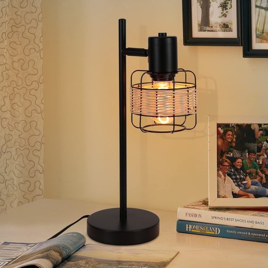 NETTLIFE Tafellamp rotan E27 - Vintage - zwart - boho bedlamp - metaal bureaulamp - voor slaapkamer | woonkamer - Zonder lichtbron