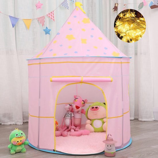 Speeltent voor kinderen met sterrenverlichting, pop-up kinderspeeltent, tipi, kasteeltent, prinses prins, EN71-gecertificeerd, voor binnen en buiten draagbaar speelhuis, cadeau voor kinderen(roze Speeltent voor kinderen met sterrenverlichting, pop-up kinderspeeltent, tipi, kasteeltent, prinses prins, EN71-gecertificeerd, voor binnen en buiten draagbaar speelhuis, cadeau voor kinderen(roze