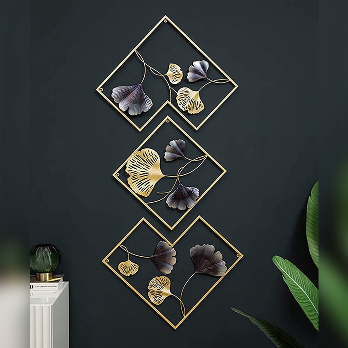 Metalen wanddecoratie, creatieve handgemaakte 3D Ginkgo wanddecoratie voor binnen, eenvoudige moderne luxe metalen sculptuur voor tuin, woonkamer, slaapkamer, eetkamer Large