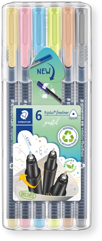 Boîte de six feutres Staedtler triplus couleur pastel, avec informations détaillées sur le produit.