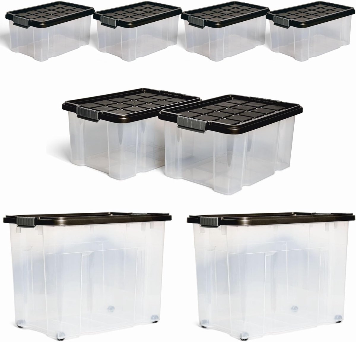 Novaliv 7-delige set opbergdozen met deksel, antraciet, 2x80 L + 2x 15 L + 4x 5 L, nestbaar, stapelbaar, clipsluiting, roldozen, BPA-vrij