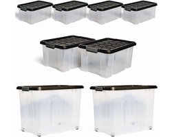 Novaliv 7-delige set opbergdozen met deksel, antraciet, 2x80 L + 2x 15 L + 4x 5 L, nestbaar, stapelbaar, clipsluiting, roldozen, BPA-vrij