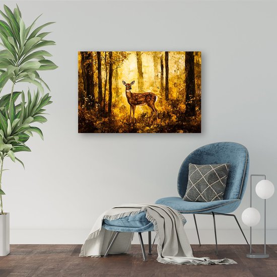 Hert in herfstbos - Hert portret - Schilderijen dier - Realistische kunst - Landelijke schilderijen - Decoratie muur - canvas 60x40 cm