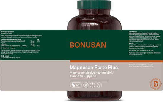 Flesje Magnesan Forte Plus met gedetailleerde informatie over ingrediënten en gebruik. "Droog en bij kamertemperatuur bewaren".